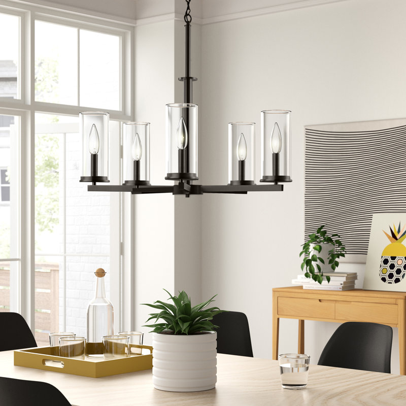 Lustre en bronze 5 lumières Crosby avec abat-jour en verre transparent, Bronze vieilli