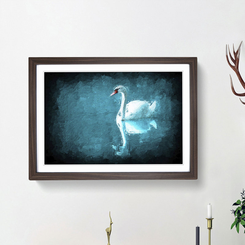 White Swan on a Blue Lake in Abstract - Picture Frame Painting Print, Walnut Framed, 48cm H x 65cm W x 2cm D