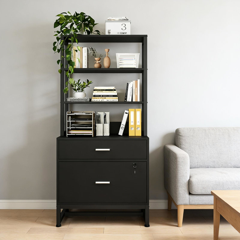 Hauteur du classeur avec deux tiroirs et une bibliothèque ouverte, idéal pour l'organisation de bureau, bibliothèque de rangement à pieds réglables verrouillables, beaucoup de rangement, bon usage, acier noir
