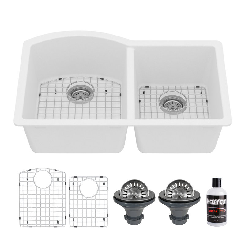 Karran Quartz 32'' X 21'' Double Bowl 60/40 Undermount Kitchen Sink Kit, White