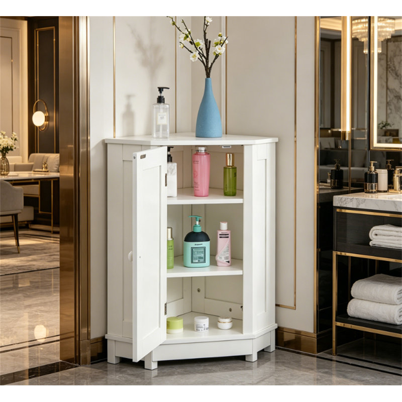 Bathroom Cabinet Triangle Corner Storage Cabinet with Adjustable Shelf Modern Style MDF Board 