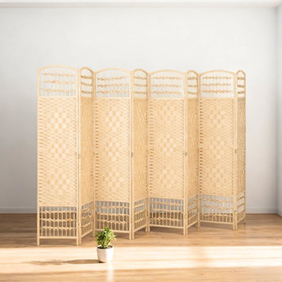 Privacy Screen 8 Panel, Folding Room Divider With A Diamond Woven Paper And Metal Hinges For Adaptability Hand - Pine Wood Frame Moving Feature