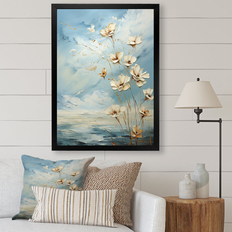 Encre liquide blanche et bleue III - Fleurs, art mural, H 32 po x l 16 po, Cadre photo noir