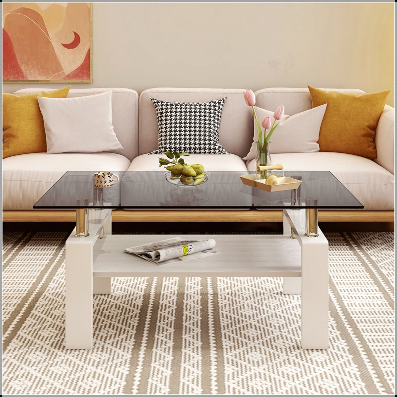 Table basse moderne moderne avec plateau en verre trempé et panneau de fibres à densité moyenne, parfaite pour les salons élégants