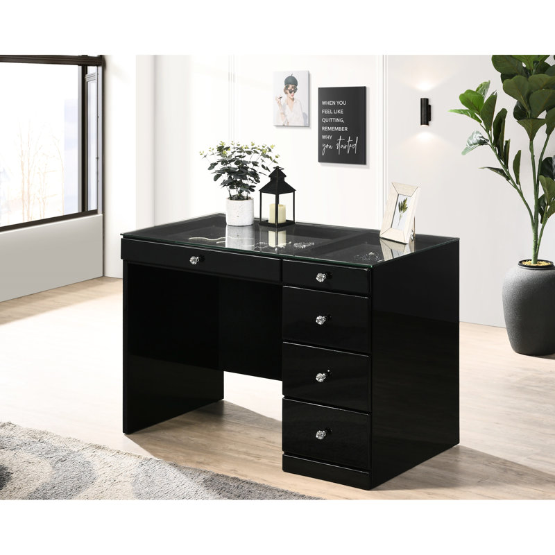 Bedroom Makeup Vanity Table With 5 Drawers, Black Glass Top And Crystal For Design Contemporary Finish, Black