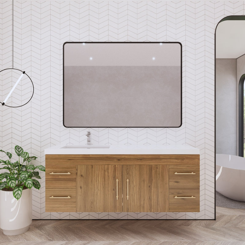 Bastri 59" Wall-Mounted Single Bathroom Vanity Set, Natural Oak
