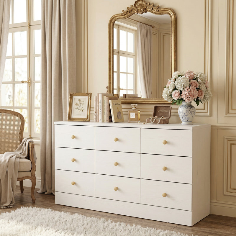47.2" Wide 9 Drawers Dresser With Solid Wood Pulls