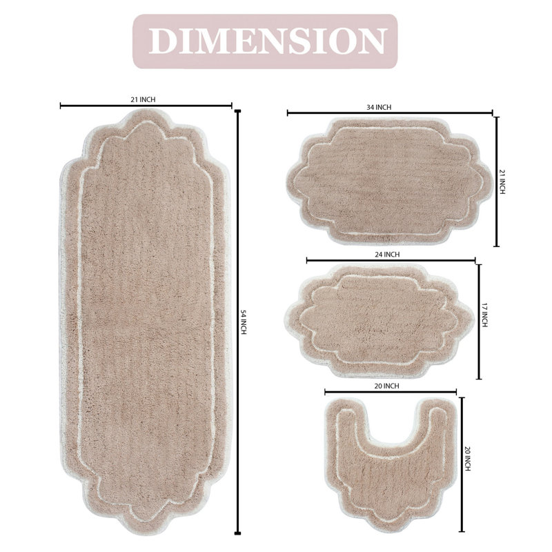 Dobrinsky 100% Cotton Bath Rug and Contour Mat, Machine Washable, Quick Dry, Absorbent - 4 Piece Set, Linen