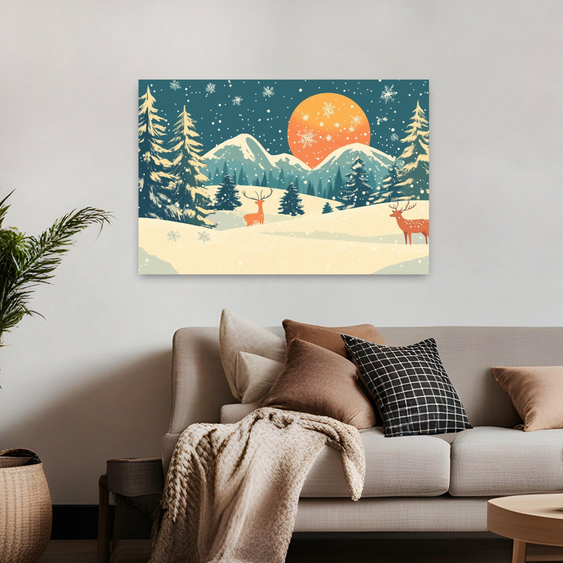 «Moonlit Winter Deer Peaceful Serene Abstract Pine Tree Deer Forest Landscape», reproduction d'art mural, H 32 po x l 48 po