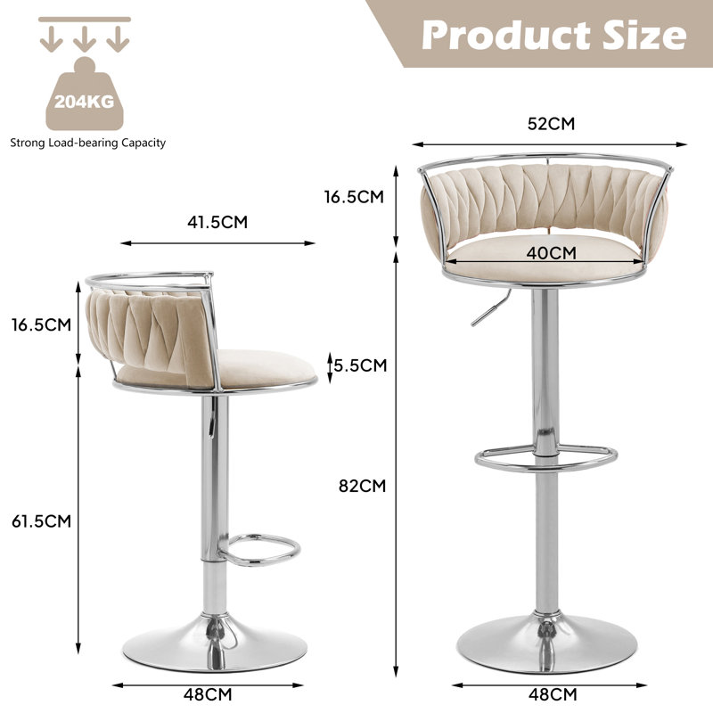Christal Height Adjustable Swivel Bar Stool, Ivory, Silver