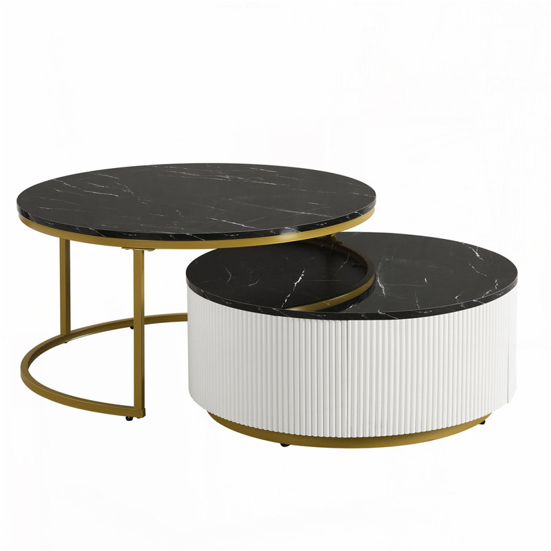 Table basse gigogne moderne avec tiroir 27,6 po Modern, Noir, noir, noir, noir
