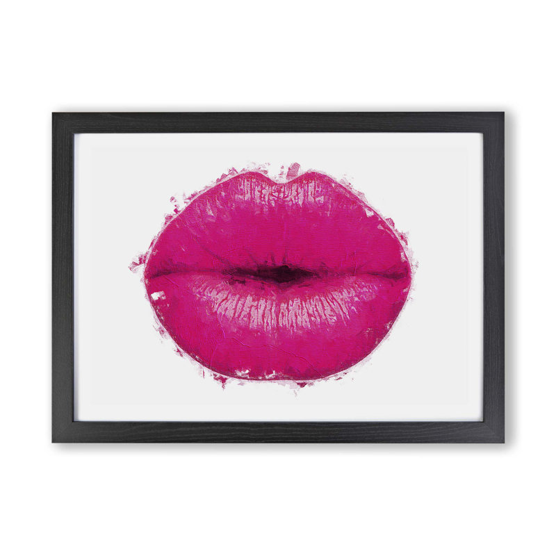 Hot Pink Lips In Abstract - Painting, 33cm H x 45cm W x 2cm D, Black Framed Paper