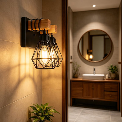 Rustic Industrial Bathroom Vanity Light, Wood & Matte Black Metal Cage Wall Sconce, Farmhouse Wall Lighting Fixture for Mirror Bedroom Hallway