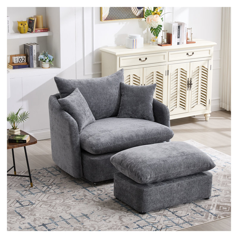 Fauteuil d'appoint surdimensionné en chenille de 46,1 po avec repose-pieds et repose-pieds beige, White