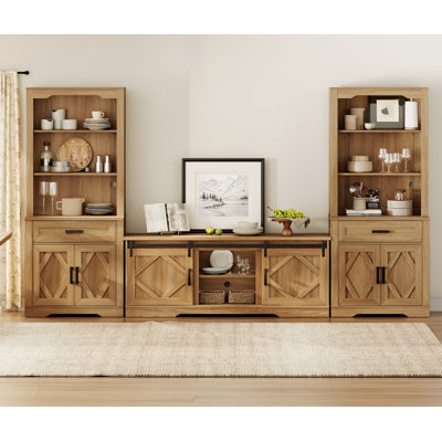 Farmhouse Mid-Century Modern TV Stand, Entertainment Center For 75" TV, 73"H 5-Tier Tall Bookcase, Open Storage & Barn Doors For Living Room, Bedroom, Vintage Oak