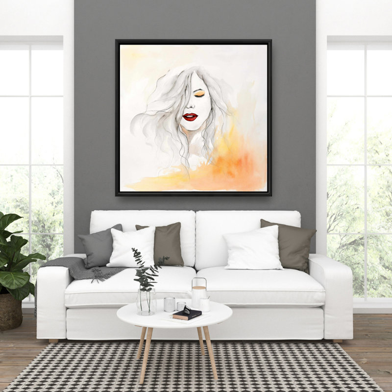 Femme avec des lèvres rouges - toile encadrée 36 po x 36 po