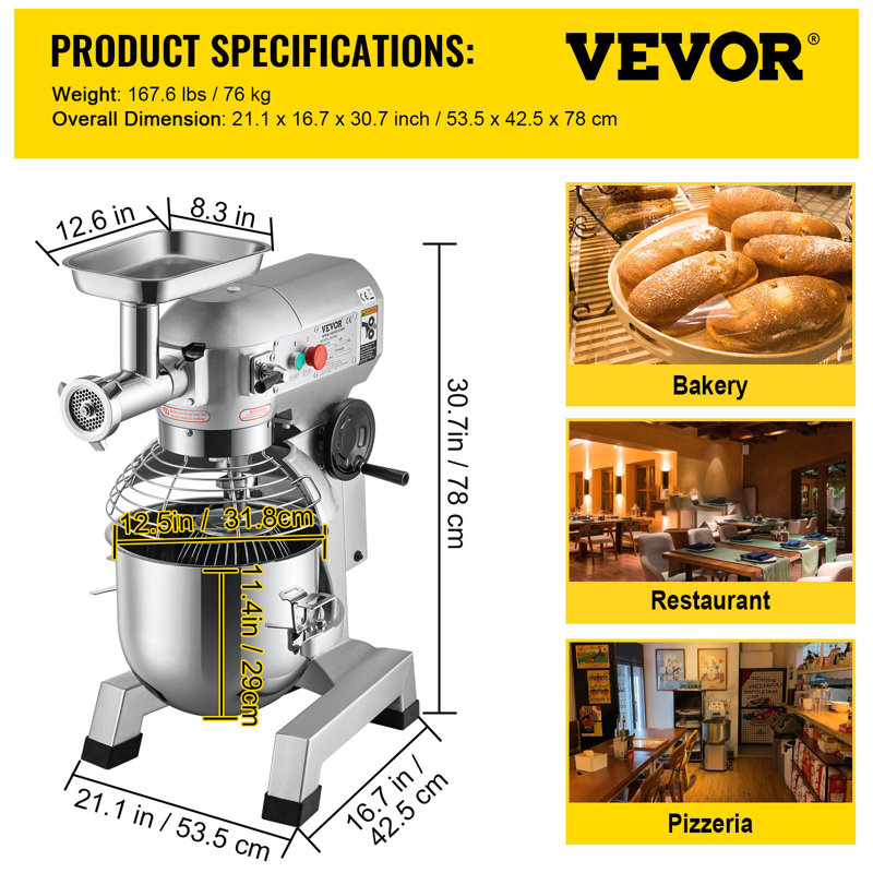 Commercial Stand Mixer, 20Qt Stainless Steel Bowl, 1100W 2 In 1 Multifunctional Electric Food Mixer With Meat Grinder And 3 Speeds, Dough Hook Whisk Beater Included, Perfect For Bakery Pizzeria