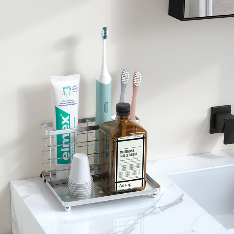 Porte-brosses à dents pour salle de bain, porte-brosses à dents avec plateau, support en acier inoxydable pour dentifrice à brosse à dents, porte-brosses à dents pour comptoir de salle de bain