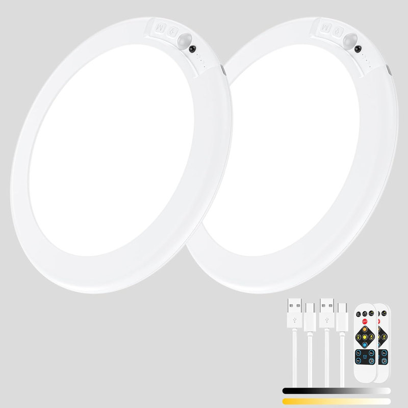 Ensemble de 2 plafonniers magnétiques blancs sans fil avec télécommande et capteur de mouvement ultramince pour porche de salle de bain, 4 500 mAh