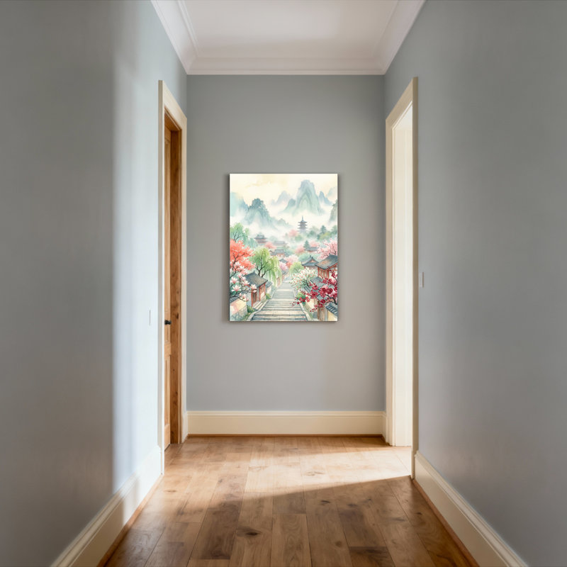 Paysage chinois avec fleurs de cerisier et pagodes, reproduction d'art sur toile tendue sur toile, ensemble de 1