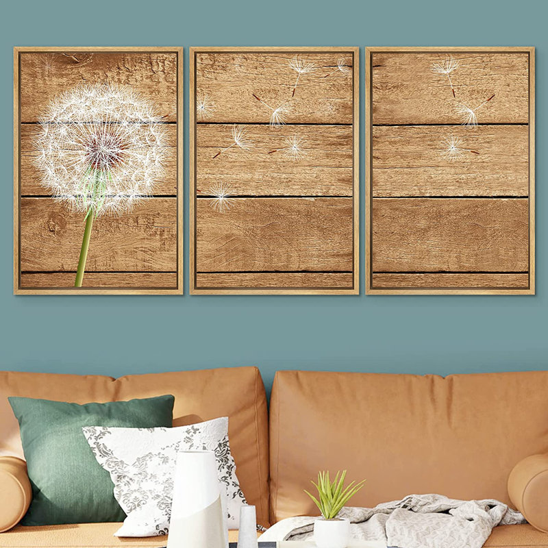 Windy White Summer Dandelion Flower - 3 pièces, reproduction sur toile, Encadré naturel, H 24 po x l 48 po x P 1,5 po