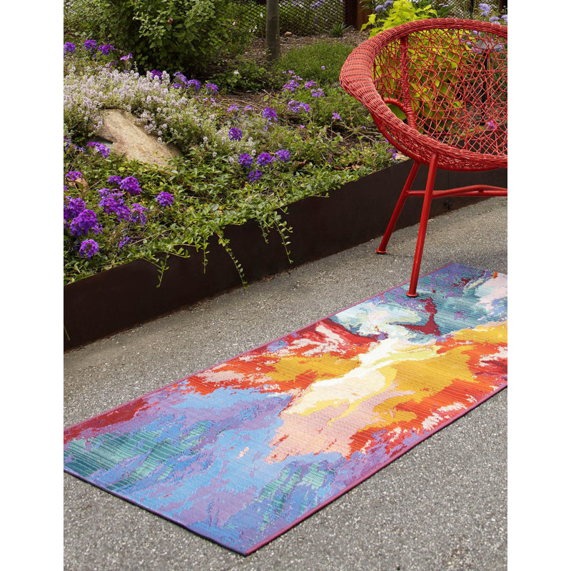 Azaleea Power Loomed Polypropylene Indoor/Outdoor Area Rug in Blue/Red/Orange, Runner 2' x 6'