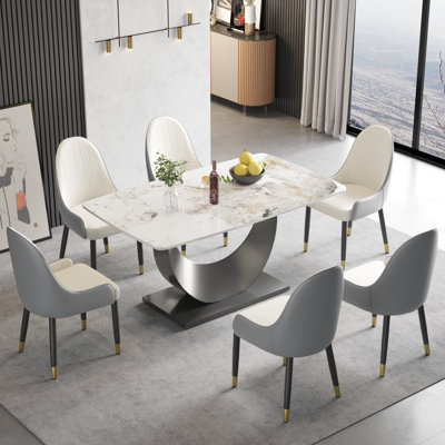 Ensemble de table de salle à manger à piédestal en pierre 7 pièces