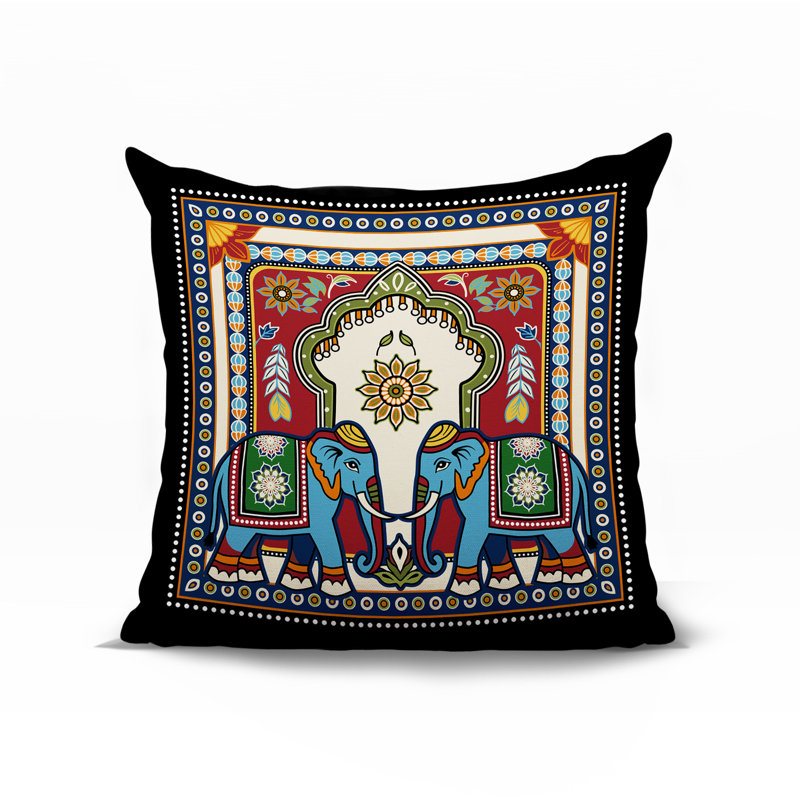 Coussin intérieur / extérieur Rikita Elephant, Noir / bleu / rouge / orange / vert, Carré 17 po