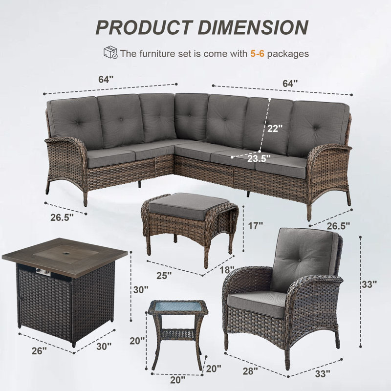 Valierius L-Shaped Outdoor Sectional Sofa Set With Fire Pit, Chairs & Ottomans, Gray