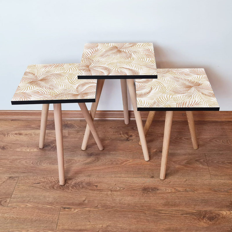 Ensemble de 3 tables gigognes modernes (beige et blanc), 13,8 x 20,5 x 13,8 po (grand), 13,8 x 18,5 x 13,8 po (moyen), 13,8 x 16,5 x 13,8 po (petit) | 100% panneau de fibres à densité moyenne avec pieds en bois de hêtre | Design scandinave pour une décoration intérieure élégante