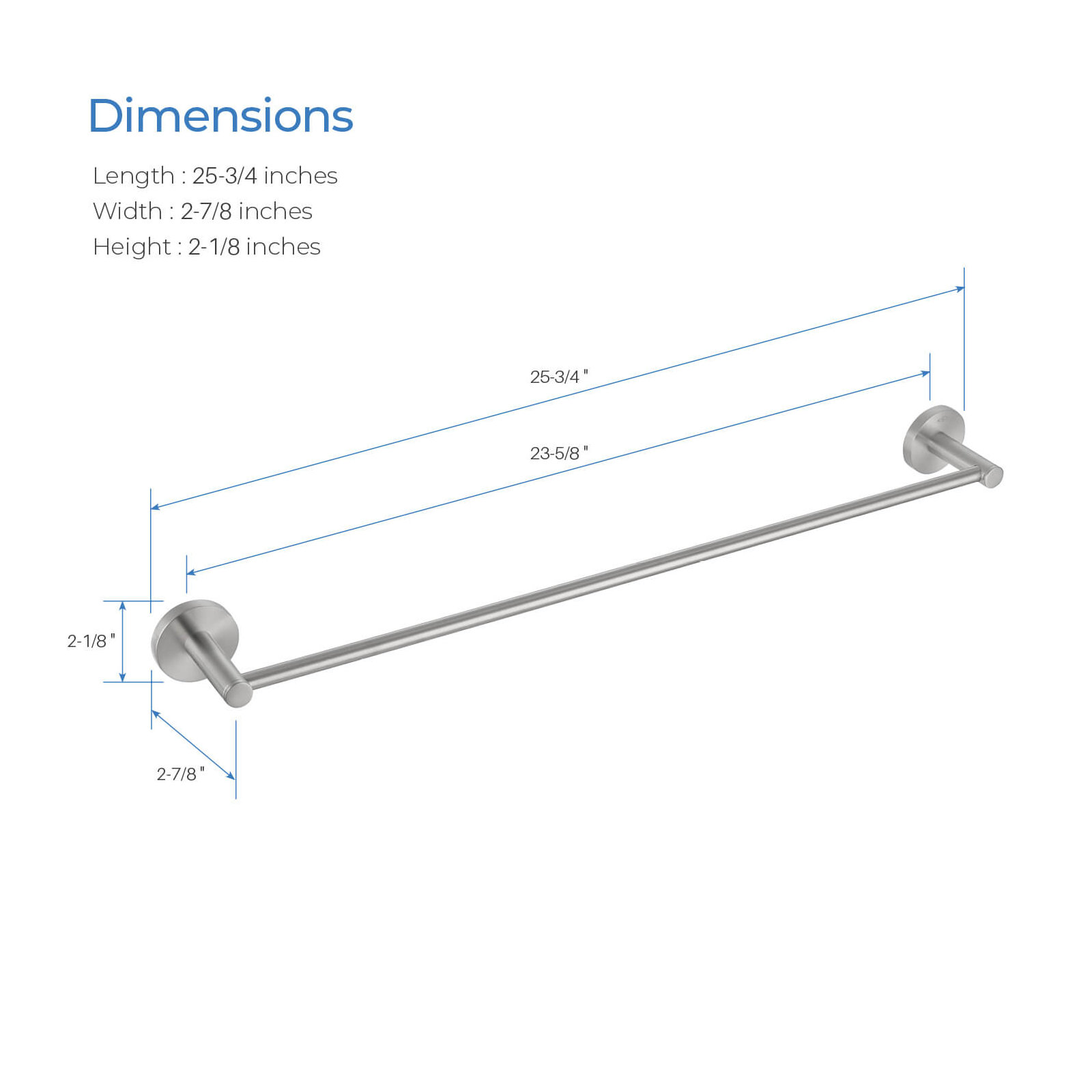 Wall Mounted Towel Bar, Brush Nickel, 2.13" H x 24" W x 2.88" D