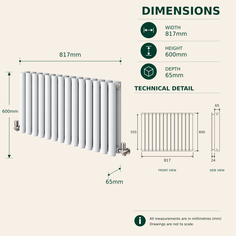  Horizontal Oval Panel Radiators, 600mm H x 820mm W, White