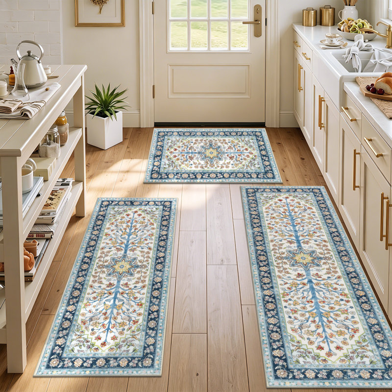 Machine Washable Non-Slip Kitchen Mat, Blue/Beige