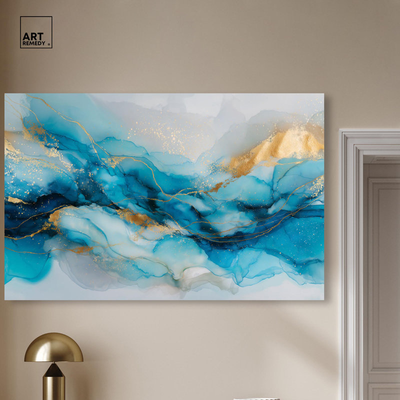 Art mural abstrait éthéré sur toile bleue et dorée par Art Remedy, H 16 po x l 24 po, Peinture sans cadre, Toile tendue