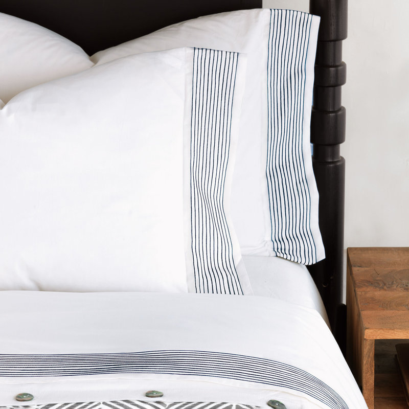 Marsden Fine Linen Percale Striped Pillow Case, Queen, Navy