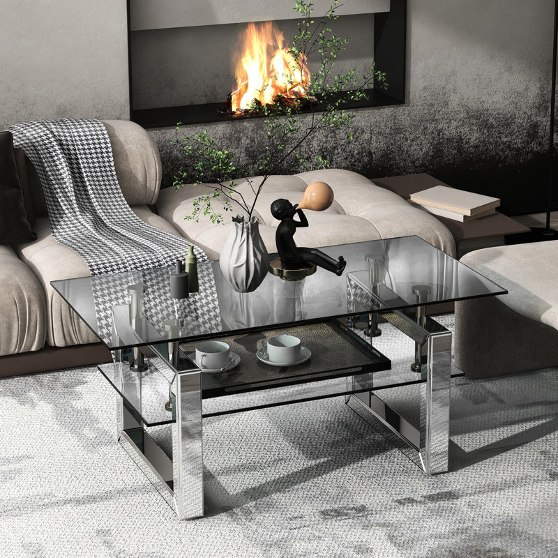 Bureau rectangulaire en verre trempé avec plateau pour clavier - fonctionnel pour les espaces de travail, table basse à 2 couches, base en métal et bureau personnel élégant