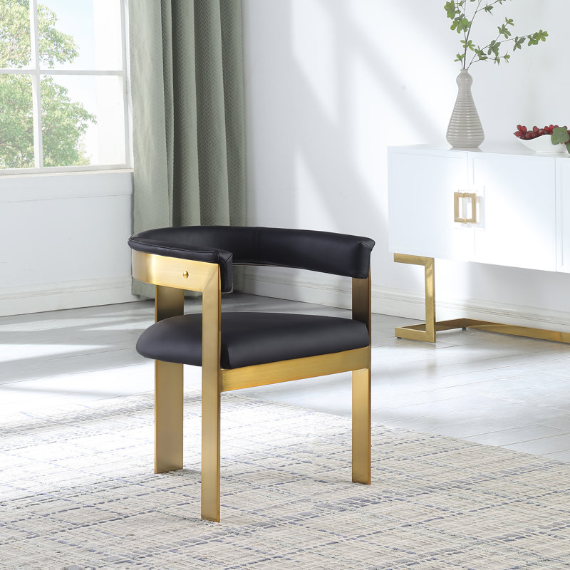 Romeo Finished Upholstered Back Arm Chair, Black Vegan Leather, Brushed Gold