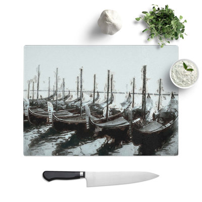 Tempered Glass Docked Gondolas in Venice Italy Chopping Board
