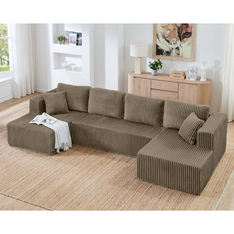 Canapé modulaire modulaire, H 25,59 po x l 132,48 po x P 61,02 po, Velours côtelé brun