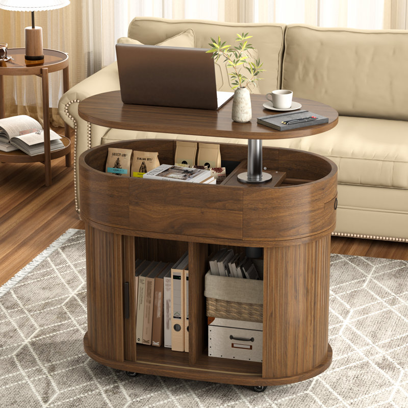 Table basse ovale relevable de 71 cm de large avec rangement et roulettes, Walnut