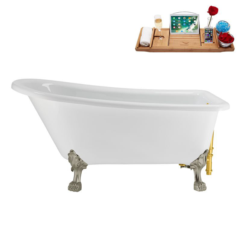 58" Streamlin Clawfoot Tub,Tray,Drain, Clawfeet, Brushed Nickel, Polished Gold
