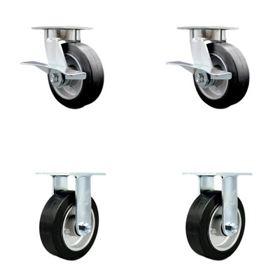 6 Inch Kingpinless Rubber on Aluminum Wheel Caster Set 2 Brakes 2 Rigid SCC