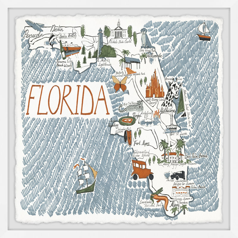 «Florida Illustrated Map II» par - encadré, H 24 po x l 24 po x P 1,5 po