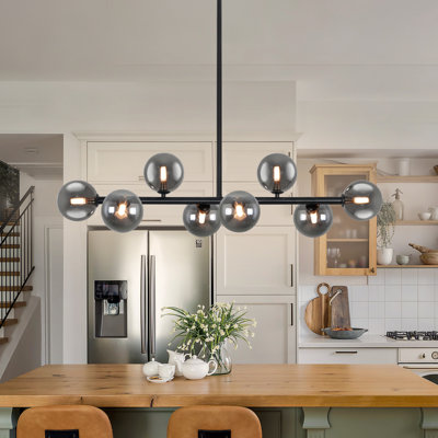 Modern 8-Light Sputnik Modern Linear Chandelier With Gray Glass Shades, Dimmable For Dining Room