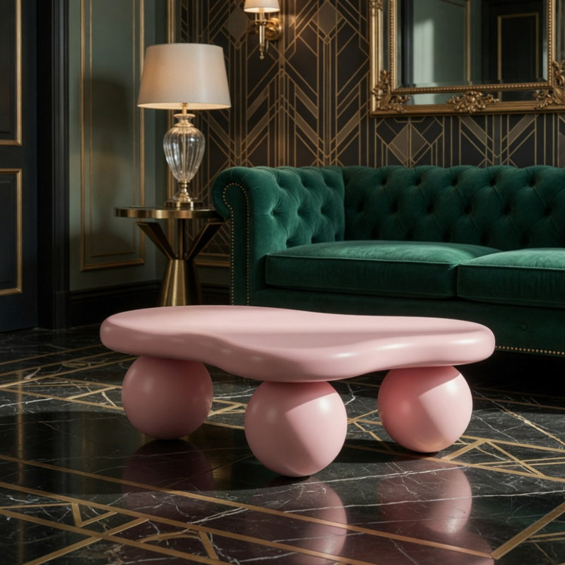 Table basse de 40 pouces en forme de nuage, table basse basse avec 3 pieds sphériques pour le salon, rose, Rose