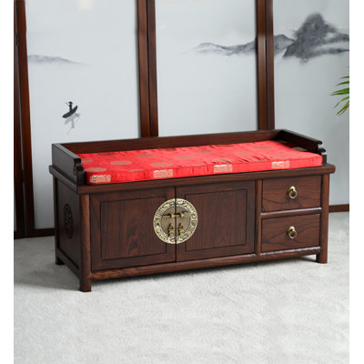 Banc de rangement oriental traditionnel en bois massif avec décoration et coussin en laiton