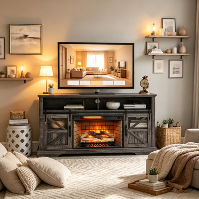 Meuble télé avec foyer électrique de style ferme, 152 cm (60 pouces), rangement intégré, idéal pour le salon. Console télé autoportante avec foyer électrique, télécommande et portes coulissantes de style grange pour téléviseur de 178 cm (70 po), chêne foncé.