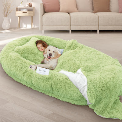 78'' Large Human Dog Bed With Plump Pillow, Blanket, Strap -Green