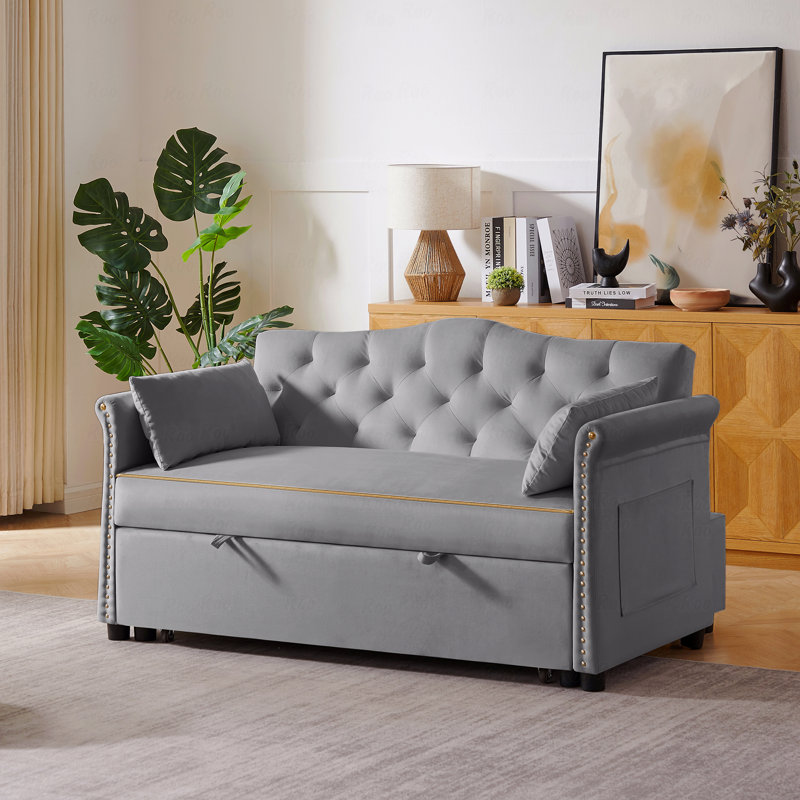 Canapé-lit en velours: canapé-lit, conception convertible, Gris