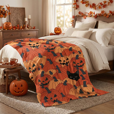 Halloween Flannel Blanket Throw,Orange Pumpkin Black Cat Hallowmas Soft Fuzzy Plush Cozy Fleece Blankets for Couch Sofa Bed Decor, Ideal Gifts for Adults 80x60